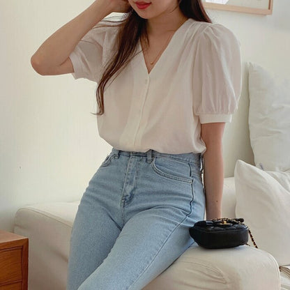 Trendywhere V-Neck Puff Sleeve Blouse Free (XS-M)